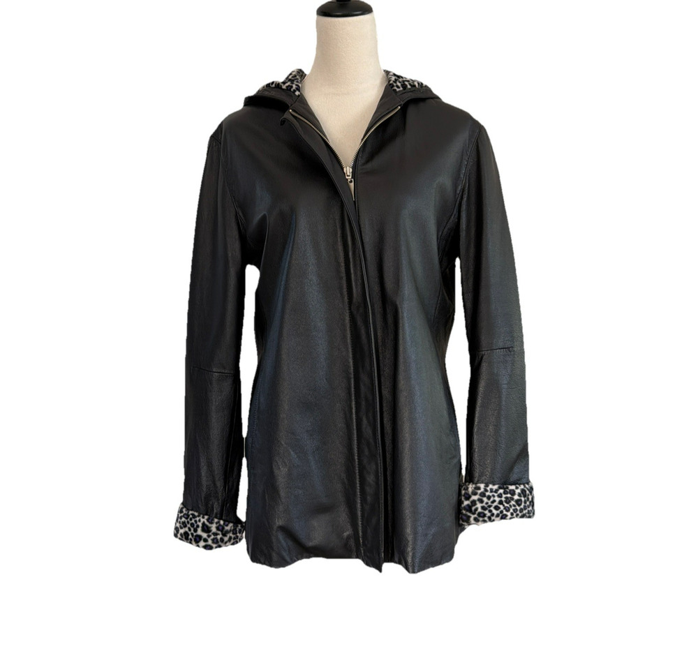 Beyond Sport California Black Leather Hooded Jacket Womens Medium Leopard Lined
